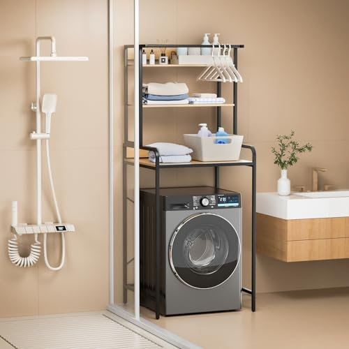 pofluany 3-Tier Drum Washing Machine Storage Rack, Bathroom Storage Rack Above The Toilet, Washer Dryer Shelf, Utility Room Storage Solutions, Over Dorm Fridge Shelving Unit Black