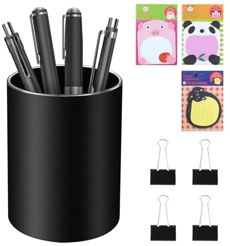 USHOP Pot À Crayons Metal,porte-crayons pour bureau,Pot à crayons rond en métal,Ronde Pot à Stylos,pot à crayons,Livré avec 3 livres d'autocollants et 4 clips,pour Domicile,École,Bureau,8 x 10cm-Noir