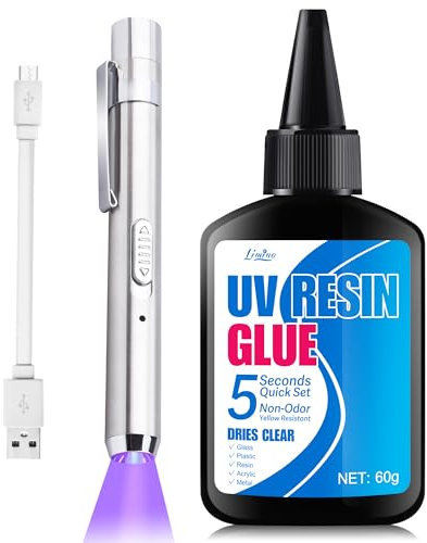 UV Resin Kit with Light - 60g UV Resin with Rechargeable 395nm UV Flashlight, 5-second Fast Curing, Quick Bonding＆Welding UV Glue Adhesive, Ideal for Repairing Jewelry, Glass, Resin, Plastic, Acrylic