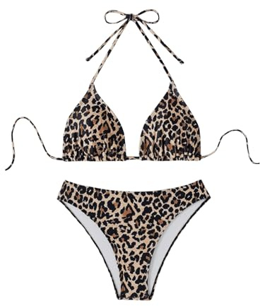 GORGLITTER Triangel Bikini Damen Set Leoparden Bikini High Waist Sexy Brazilian Bikini Neckholder Bikini Leo Bikini Set Zweiteiler Badeanzug Bademode 2 Teiler