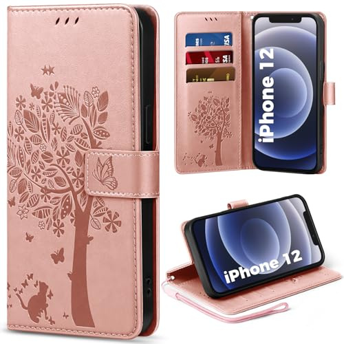 EASDNB Handyhülle für iPhone 12/12 Pro Hülle, Lederhülle für iPhone 12 Pro Wallet Flip Case mit [3 Kartenfächer] [Magnet] [Ständer] Premium Leder Prägung Schutzhülle für iPhone 12/12 Pro 6.1, Rosa