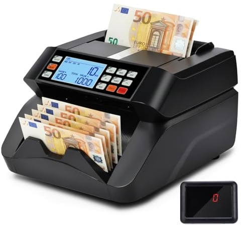 serebrant Geldzählmaschine Geldzähler Banknotenzähler mit UV/MG/IR/MT, Banknotenzählmaschine Geldscheinzähler mit 3,5” LCD-Display und Externes Display, 1000 Blatt/min