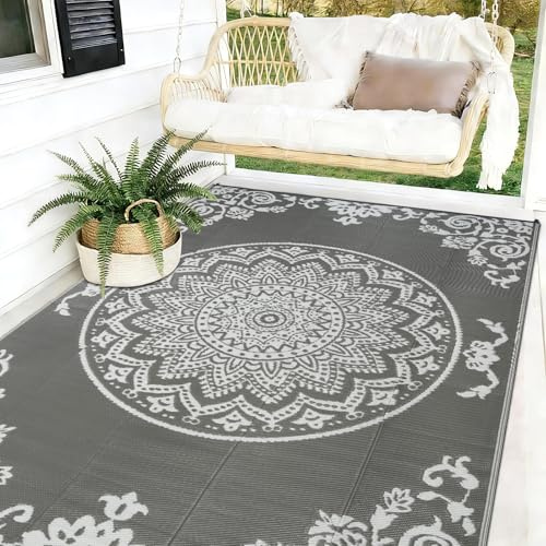 Homcomodar Outdoor Rug 120x180cm Garden Rug Outdoor Rugs for Patios Waterproof Reversible Camping Carpet Plastic Straw Rug UV Resistant Camping Mat for RV,Deck,Balcony,Backyard,Picnic,BBQ(Grey-White)