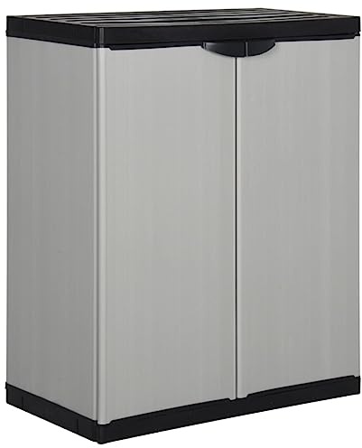 Ziaphsol Garten-Lagerschrank, Grau-Schwarz 68x40x85 cm, PVC & PP Kunststoffschrank mit 1 Boden, abschließbar, robuster Werkzeugschrank für Terrasse, Balkon, Außenbereich