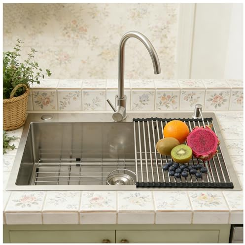 Fregadero Cocina 85x50cm, Fregadero Grande Cocina 1 Seno, Fregadero Cocina en Acero Inoxidable 304, Con Grifo de Cocina, Filtro de Drenaje, Ifón, Rebosadero y Residuos, Kitchen Sink