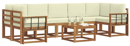 vidaXL Outdoor-Sofagarnitur mit Kissen 8 pcs Natur und Creme, Sofa-Set aus Akazienholz für draußen, modernes modulares Design, Loungemöbel für die Terrasse, Flexibles Garten-Sofa, Garten-Lounger