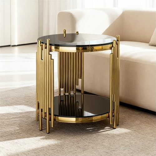 EURHCIO Table d'Appoint Ronde en Verre Luxueuse,Bout de Canape,Table de Chevet avec Plateau en Verre Trempé,Piètement en Acier Inoxydable,pour Bureau,Salon(Or 1)