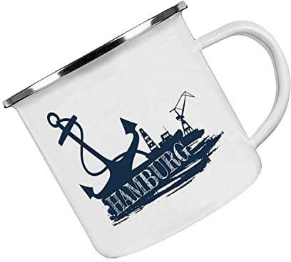 Crealuxe Emaille Tasse Hamburg - Kaffeetasse mit Motiv, Campingtasse, bedruckte Emailletasse mit Wunschtext