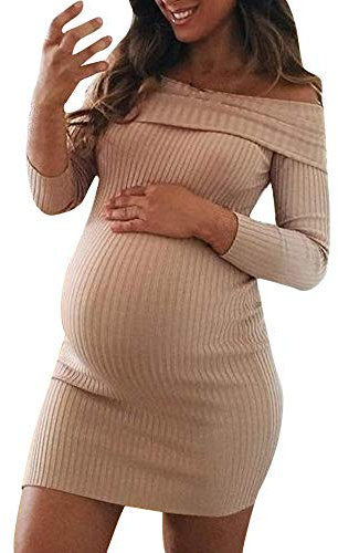 Femme Robe Pull Hiver Chaud Confortable De Maternité Femme BéBé Allaitant Enceinte Grossesse Robe Tricot Manche Longues Epaule Denudee Grand Taille Dress (S(EU42), Beige)