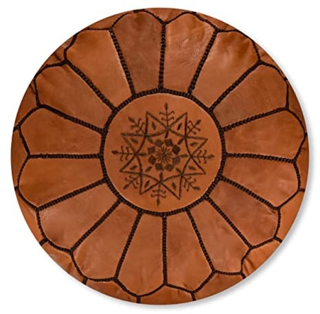 Poufs&Pillows Marokkanischer Echtleder Pouf - Handgefertigt - Gefüllt Geliefert - Ottoman, Sitzsack, Fußhocker, Puff (Caramel Braun)