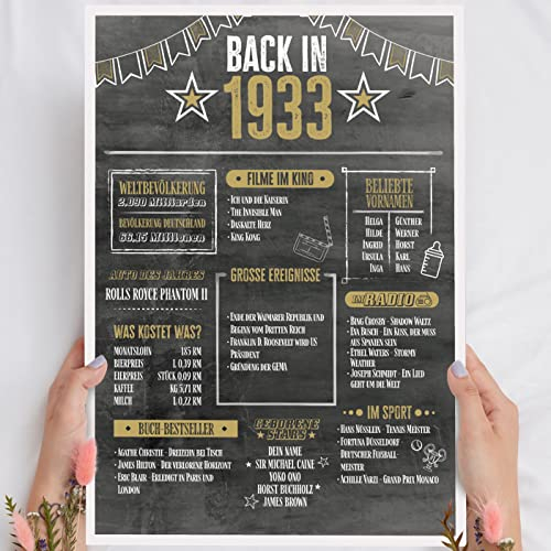 92 Geburtstag Mann & Frau Holzbild Back in 1933 Chronik personalisierbar zum Hinstellen/Aufhängen opt. beleuchtet, 92 Geburtstag Frauen & Männer, 92 Geburtstag Frau, 92. Geburtstag Frau & Mann Deko