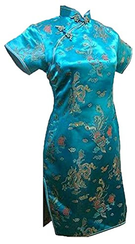 Vintage Dragon et Phoenix Short Qipao Élégant Femmes Cheongsam Mandarin Col Sexy Mini Robe Chinoise Oversize, bleu lac, M