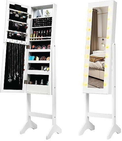COSTWAY 18 LED Lights Jewelry Cabinet with Full Length Mirror, 2-in-1 Floor Standing Adjustable Jewelry Armoire, Home Bedroom Dressing Room Jewellery Storage Organiser Unit (White)
