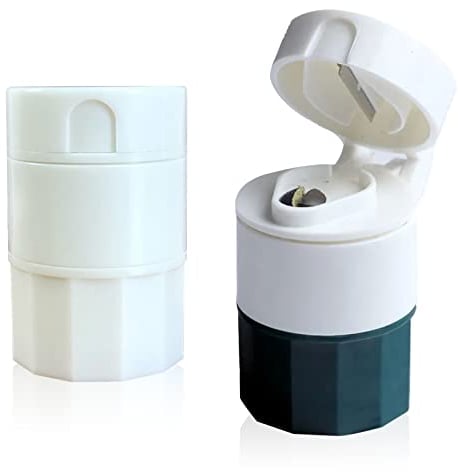 Yzwuyou 2 Stück 4 in 1 Pillenteiler Tablettenteiler für Kleine Tabletten Multifunktional Tablettenmörser Tablettenzerkleinerer mit EdelstahlKlinge und Aufbewahrungsfach