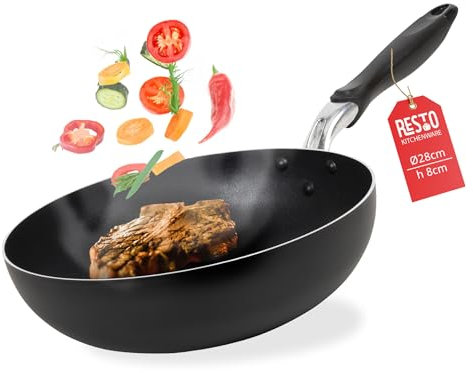 RESTO moderne Wokpfanne 28 cm, Wok, Bratpfanne mit hohem Rand - Antihaftbeschichtung – Ergonomischer Griff mit Aufhängeöse und Antiverformungsscheibe - Für alle Herdarten geeignet, auch Induktion