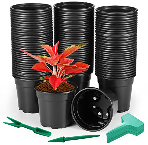 Fippy 100 Stück Plastik Pflanzentöpfe Blumentöpfe 10cm, Rund Plastik Anzuchttöpfe mit Pflanzenetiketten, Kunststoff Blumentöpfe für Sukkulenten Pflanzen Blumen Gemüse