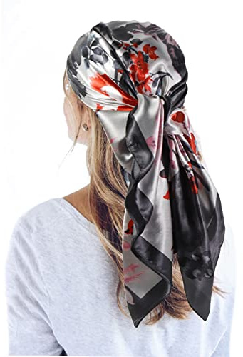 QBSM Grand foulard carré en satin de 88,9 cm - Sensation soie - Pour le sommeil - Léger - Pour femme, Fleurs de peinture à l'encre, Large
