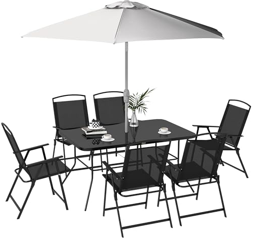 Outsunny Ensemble Salon de Jardin 8 pièces avec Grand Parasol, Table dim.140L x 90l x 70H cm et chaises Pliantes pour 6 Personnes - métal époxy textilène Polyester Noir