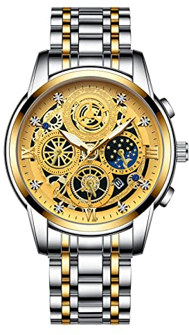Avaner Armbanduhr Herren mit Strass Skala&DREI Augen Zahnräder Herren Uhr aus Edelstahl Dekorative Kalender Leuchtzeiger Business Herrenarmbanduhr für Männer