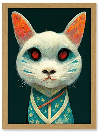 Doppelganger33 LTD Nihonga Kimono Cat Japanese Illustration Artwork Framed Wall Art Print A4