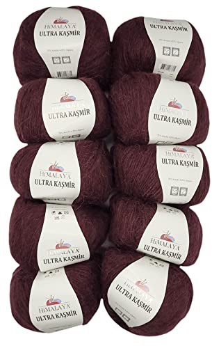 10 x 50 Gramm Himalaya Kashmir Strickgarn einfarbig, 500 Gramm Strickwolle mit 25% Alpaca Wolle, uni (beere 56804)