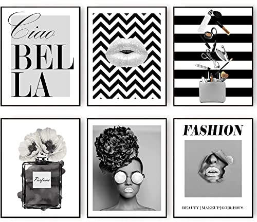 Modisches Wandkunst Glam Silber Grau Leinwand Wanddekoration Parfüm Makeup Werkzeug Lippen Poster Drucke Mädchenzimmer Wohnzimmer Schlafzimmer 11x14 Zoll (27.9x35.6cm) Ungerahmt