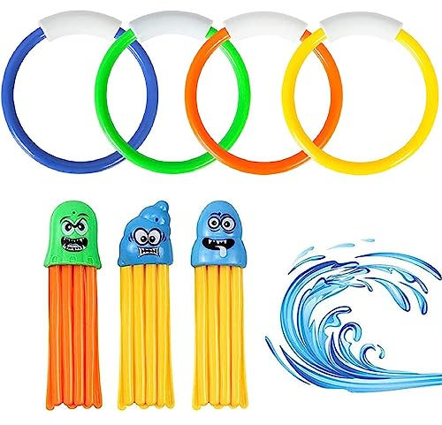 Tauchen Spielzeug,Outdoor Schwimmbad Spielzeug,Pool Tauchspielzeug für Kinder, Unterwasser Spielzeug Sommer,3PCS Tauchkrake und 4PCS Tauchringe Pool Spielzeug Unterwasser Schwimmbad Spielzeug