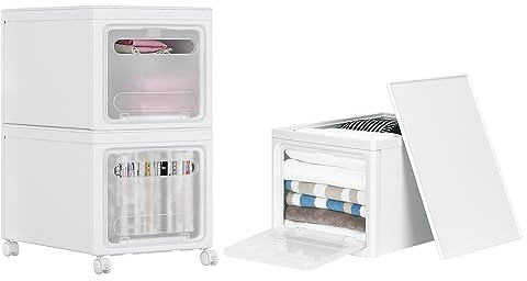 Meerveil 3er-Set Boxen Aufbewahrung, Kunststoffbox mit Deckel, Aufbewahrungsbox mit 4 Rollen und Griff, stapelbare Würfelbox für Wohnzimmer Schlafzimmer Badezimmer und Büro, 30 x 40 x 25 cm, Weiß