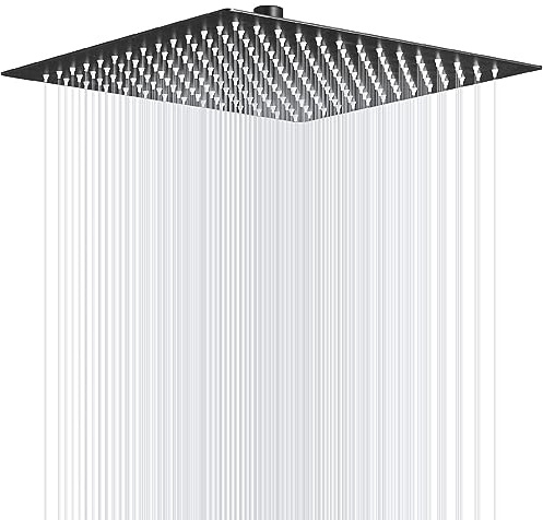 BWE Rain Shower Head High Pressure Black 16 Inch Square 304 Stainless Steel Rain Shower Head with 1/2 Connection for Bathroom Ceiling or Wall Mount