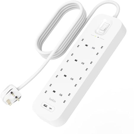 Belkin 8-Outlet Surge Protector Power Strip, Wall-Mountable with 8 AC Outlets, 2M Power Cord, & Green Indicator Light - USB-C Port & USB-A Port w/USB-C PD Fast Charging - 900 Joules of Protection