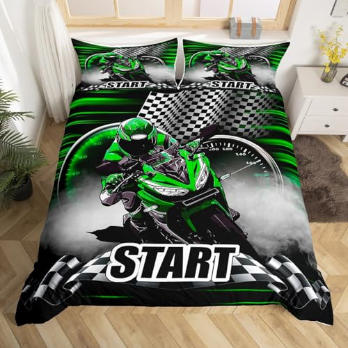 Dirt Bike Bettbezug Set S Größe,Motocross Rider Bettwäsche Kinder Teens Jungen Zimmer Dekor,Grünes Motorrad Schwarz Weiß Plaid Flagge Tröster Abdeckung Coole Extreme Sport Quilt Cover,1 Kissenbezug