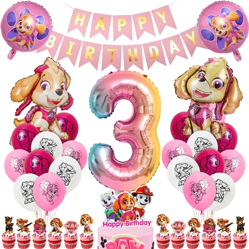 Cumpleaños Patrulla Dog 3 Años, Decoracion Cumpleaños Niña, Globos Sky Perro Canina, Globo Número 3 Rosa, Pancarta Happy Birthday, Decoracion Tartas como Adornos de Cumpleaños para Infantil