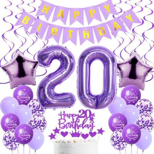 Luftballons 20. Geburtstag Frau Deko, Lila 20. Geburtstag Party Deko, Geburtstagsdeko 20 Jahre Frauen Lila, 20. Dekoration Frau, 20. Tortendeko ,20. Ballon