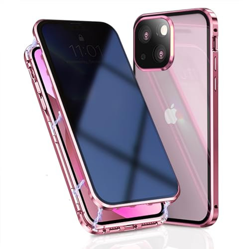 OMGZONE Privacy Case for iPhone 15 Magnetic Cover,Screen Protector built-in Anti-peep Tempered Glass Full Cover with Camera Protector,360 Degree Metal Bumper Case for iPhone 15,Pink