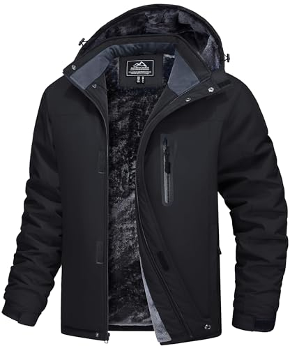 MAGCOMSEN Mens Waterproof Jackets Outdoor Thick Ski Jacket Warm Hooded Winter Coat Multi Zip Pocket Black, L