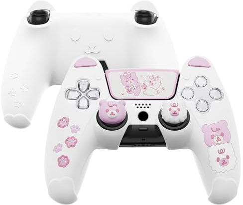 PlayVital Coque pour ps5 Manette Housse Silicone Protection avec Capuchon pour ps5 et Autocollant Sticker Accessoire Protège Compatible Station de Charge,Ours Design-Blanc & Rose