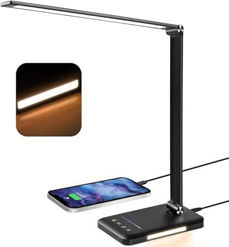 BIENSER Schreibtischlampe LED, 560LM Bürolampe Tischlampe mit 5 Farben & 10 Helligkeitsstufen Dimmbar, Schreibtischleuchte mit Nachtlicht, USB-Anschluss, Memory-Funktion, 30 Min Auto Timer, 6000K, 10W