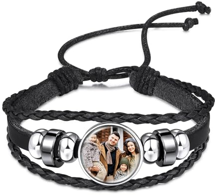 INBLUE Personalisierte Leder Armband mit Bild Inneren für Frauen Wickel Style Einstellbare Geflochtene Seil Armband mit Perlen Memorial Schmuck Geschenk für Mutter Ehefrau (Stil A - Schwarz)