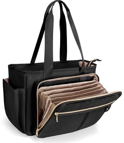 Prokva Teacher Tote Bag with Accordion File Organizer Pocket, Large Teacher Work Utility Bag for Women, Black (Patent Design)