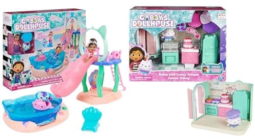 Gabby’s Dollhouse, Purrific Pool Party Spielset mit Gabby- und Meerkätzchen-Figur & Deluxe Raum, Bakey with Cakey, Küche mit Kuchi (ENGL. Cakey)