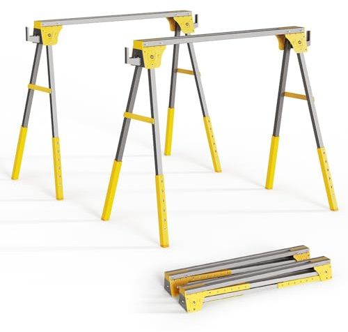 Adjustable Height Sawhorse 2 Pack, Folding Portable Saw Horses with 30-34 inch Adjustable Legs, Heavy Duty Steel Pro Bench Saw Horse for Woodworking, Carpenters, Contractors, Fully Assembled (yellow)