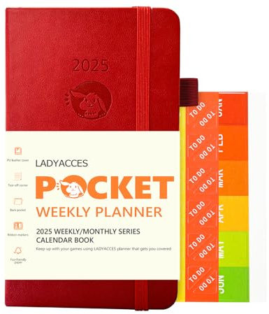 LADYACCES Taschenkalender 2025 [Jan.2025-Dez.2025 - Kleine Größe 16,5 x 9 cm] - Kalender 2025 Klein mit PU Leder Hardcover - A6 Planer 1 Woche 2 Seiten mit Innentasche - Rot EUWMA6