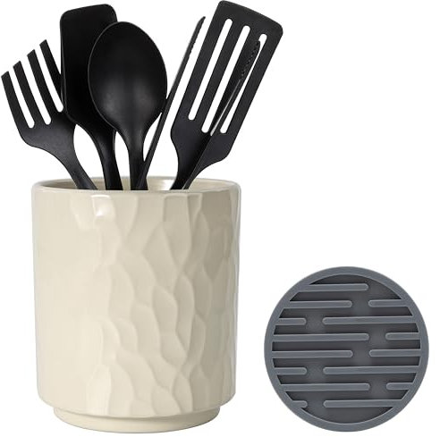 Petit porte-ustensiles en céramique pour comptoir de cuisine, ustensiles de cuisine, support de tasse pour ustensiles de cuisine pour ustensiles sur comptoir comprend un tapis de séchage en silicone