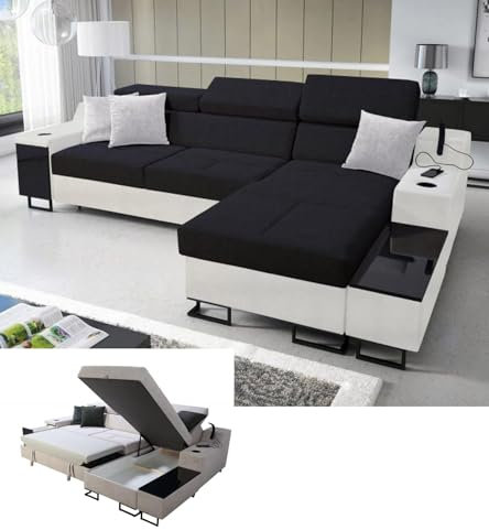 All4All Ecksofa Fosti - Schalffunktion - Bettkasten - Polstersofa - Komfort - L-Form - Couch - Eckcouch - Schlafsofa - 293x185x100cm - 26 - Sawana 14 mit weißem Kunstleder, Rechts