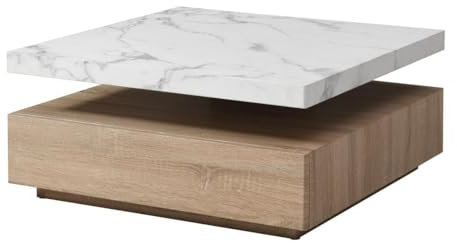 Vente-unique - Table Basse pivotante avec 1 tiroir en MDF - Effet marbre Blanc et Naturel - Kyria