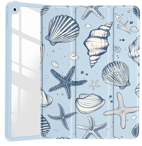 JOYLAND Sea Shells Case for iPad 7th/8th/9th Generation, Clear Transparent Acrylic Hard Back Ice Blue Case with Pencil Holder Trifold Stand Tablet Cover for iPad 10.2 2019/2020/2021