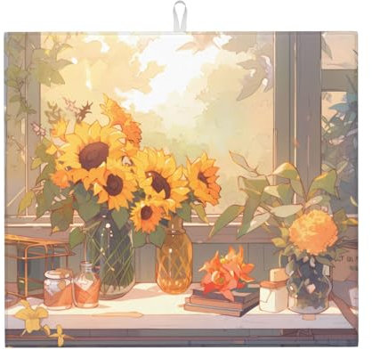 Kaffeemaschine Matte Sonnenblumen Unter Der Fensterbank Abtropfmatte Saugfähige 46X41Cm Tischplatte Unterlage Verstecken Von Flecken Café Geschirrablaufmatte