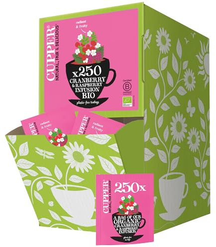 CUPPER Infuso al Mirtillo Rosso e Lampone Bio, Tisana Biologica, Formato Convenienza per Casa, Ufficio e Catering, con Filtri 100% Biodegradabili e Non Sbiancati, Confezione Maxi da 250 Bustine