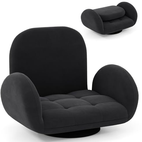 COSTWAY Folding Sofa Chair, Lazy Floor Sofa Bed with Adjustable Backrest and Armrests, Single Padded Lounge Sleeper Recliner Floor Chair Seat for Meditation Gaming Reading (with Swivel Base, Black)