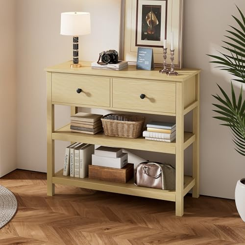 Goeria Retro-Konsolentisch, Konsolentisch Holz Schmalr, Eingang Und Wohnzimmer, Konsolentisch Mit Schubladen Und Offene Regale Für Flu(Natur)